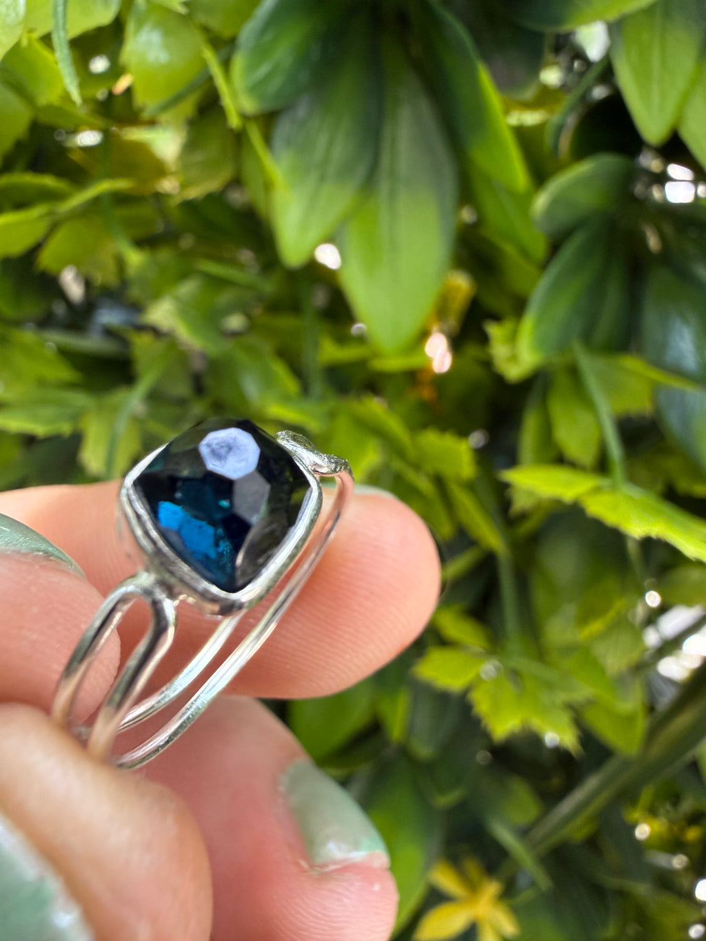 Deep teal tourmaline double band stacking ring (size 6)