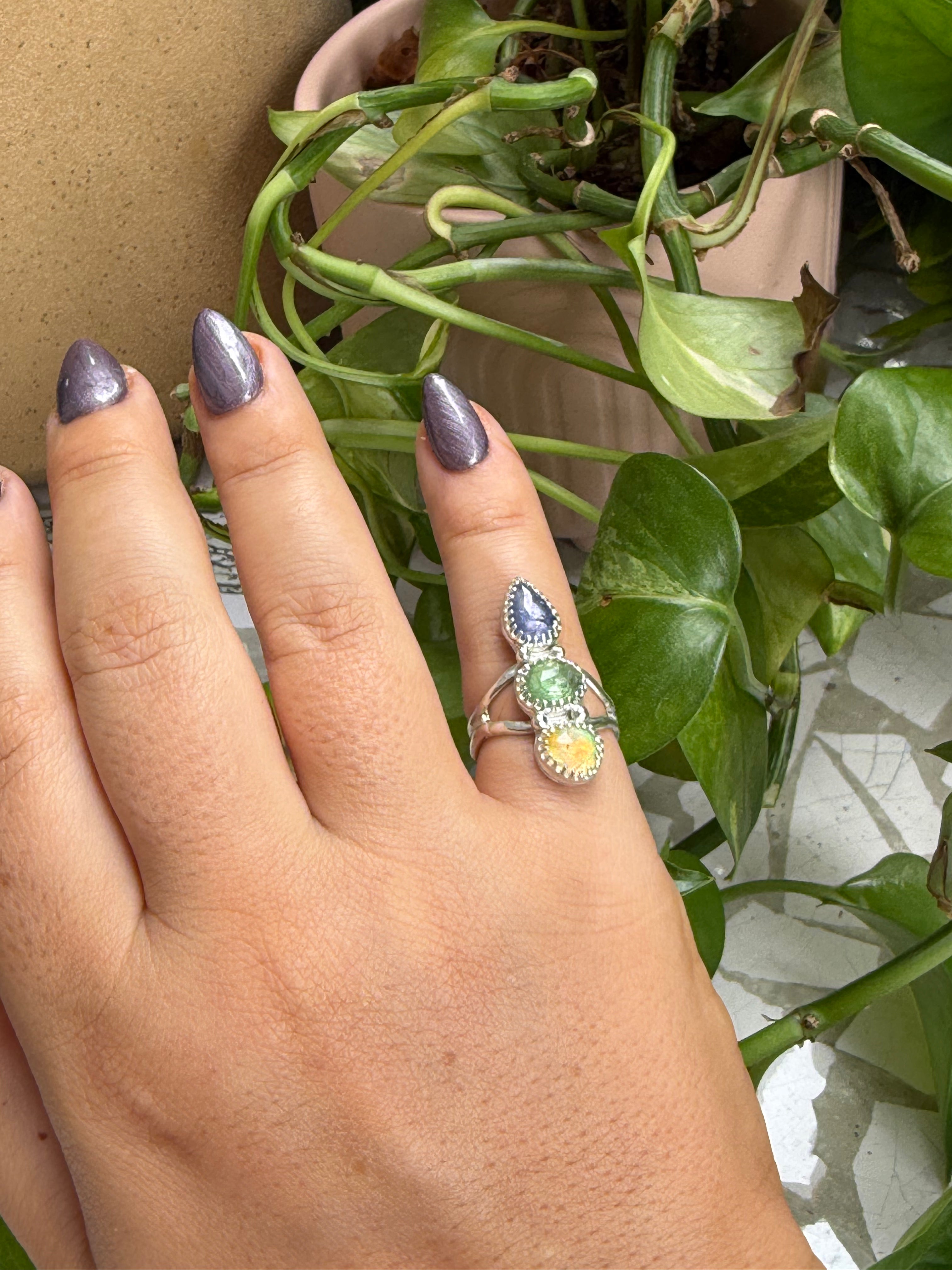 Opal, Tourmaline, Tanzanite Triplet ring, Size 7