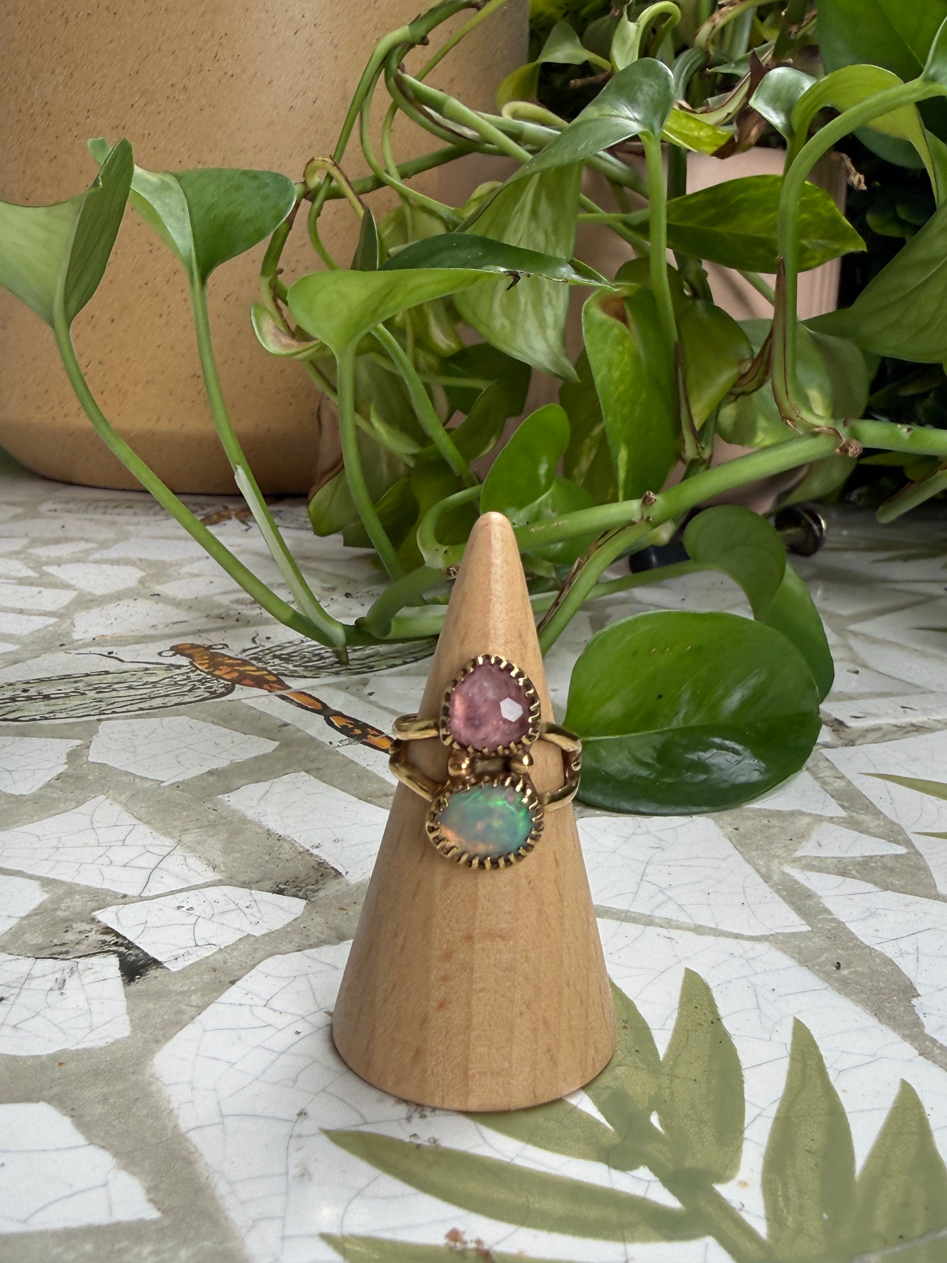 Opal and Tourmaline Gold ring, Size 5.5