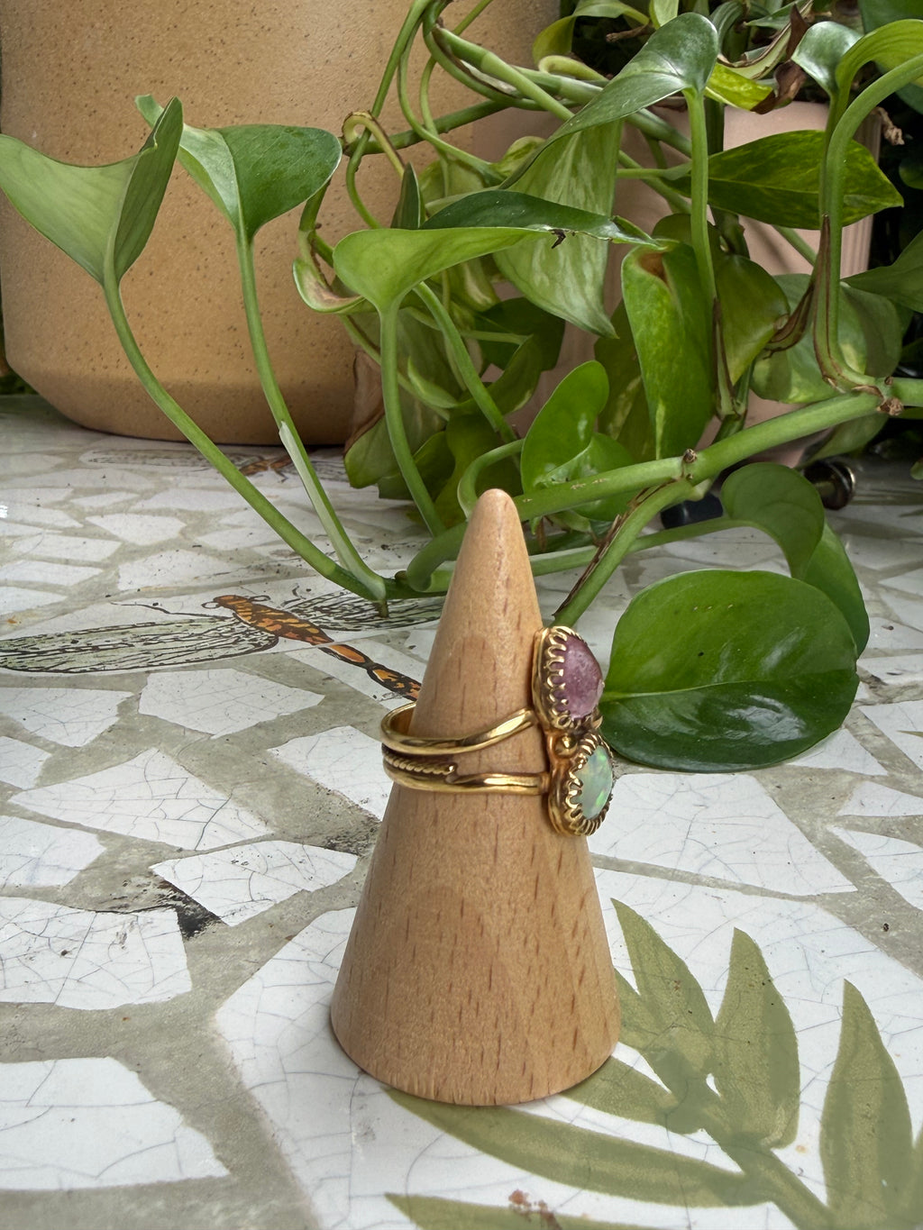 Opal and Tourmaline Gold ring, Size 5.5