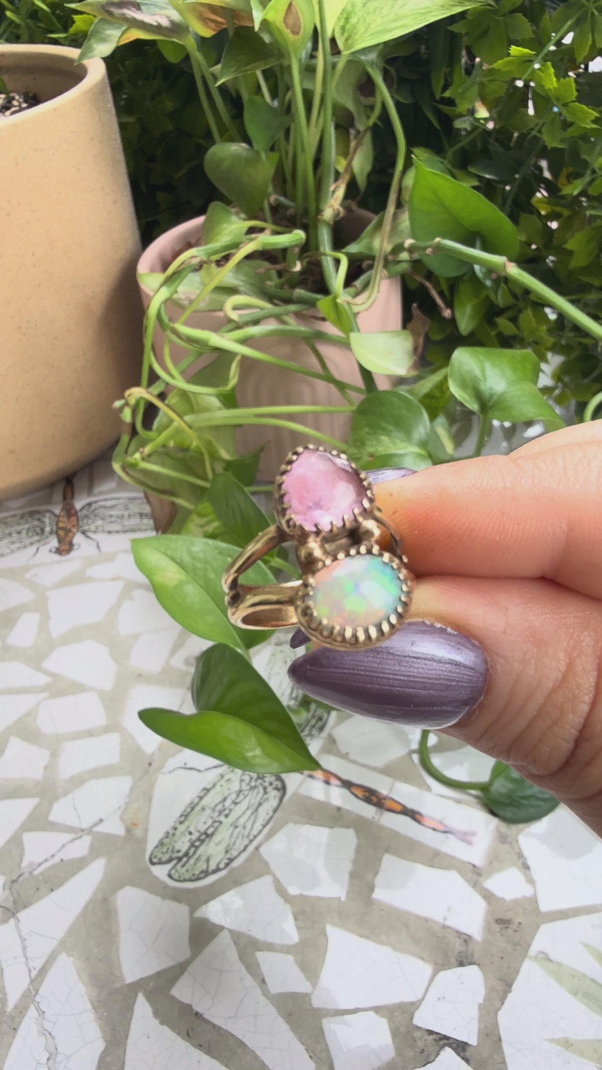 Opal and Tourmaline Gold ring, Size 5.5